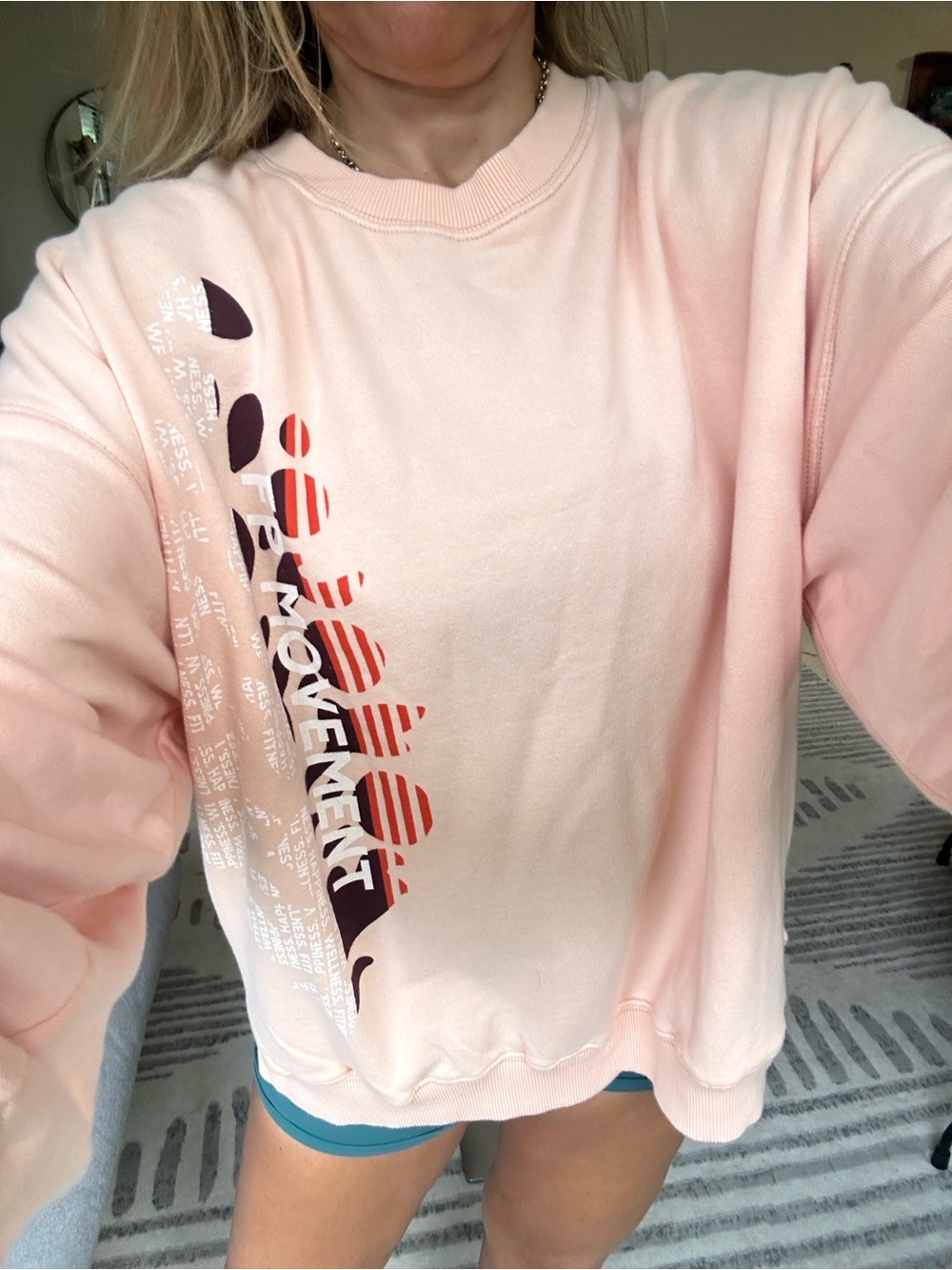 Free People Peach Graphic Crewneck Sweatshirt with Rust & Brown Stripes